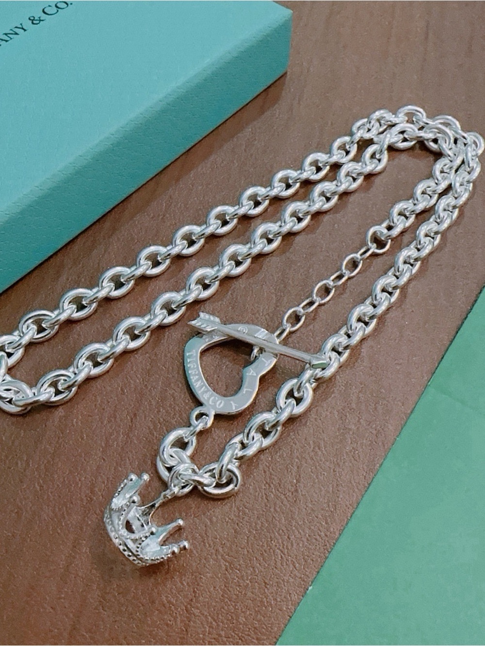 Sterling Silver Crown Charm Toggle Necklace - Silver